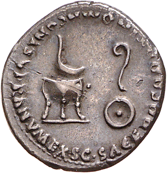 RIC I (second edition) Claudius 77 Claudius reverse, Simpulum left and lituus right; above, tripod left and patera right
