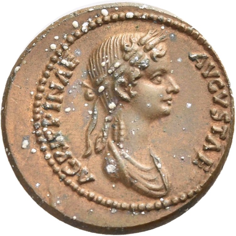 RIC I (second edition) Claudius 80 Claudius reverse — Bust of Agrippina the Younger, draped, right, wearing a crown of cor...