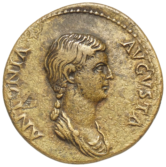 RIC I (second edition) Claudius 92 Claudius obverse, Bust of Antonia Minor, bare-headed, draped, right; hair in long plait