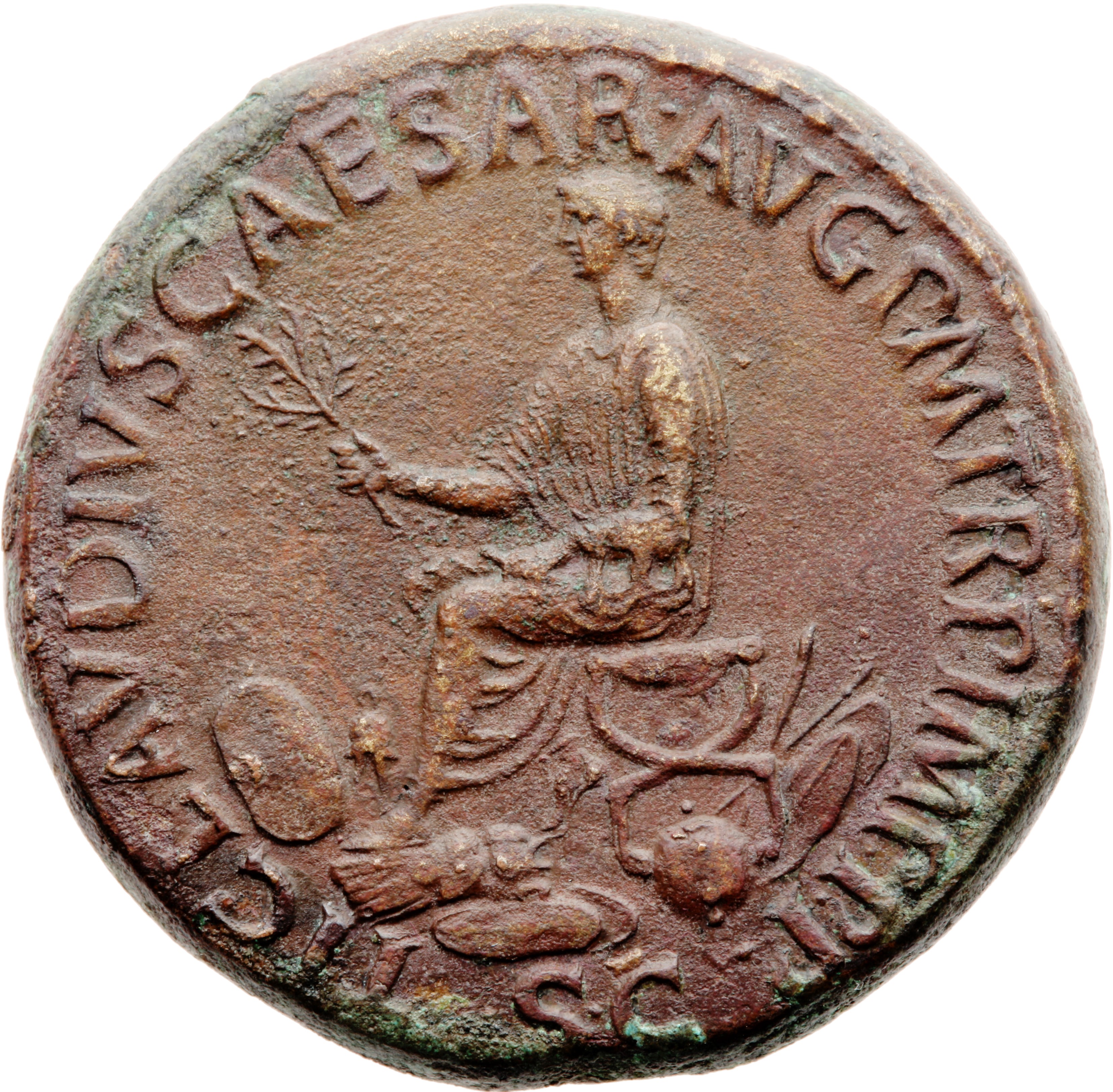 RIC I (second edition) Claudius 93 Claudius reverse — Claudius, togate, seated left on curule chair, holding branch in rig...