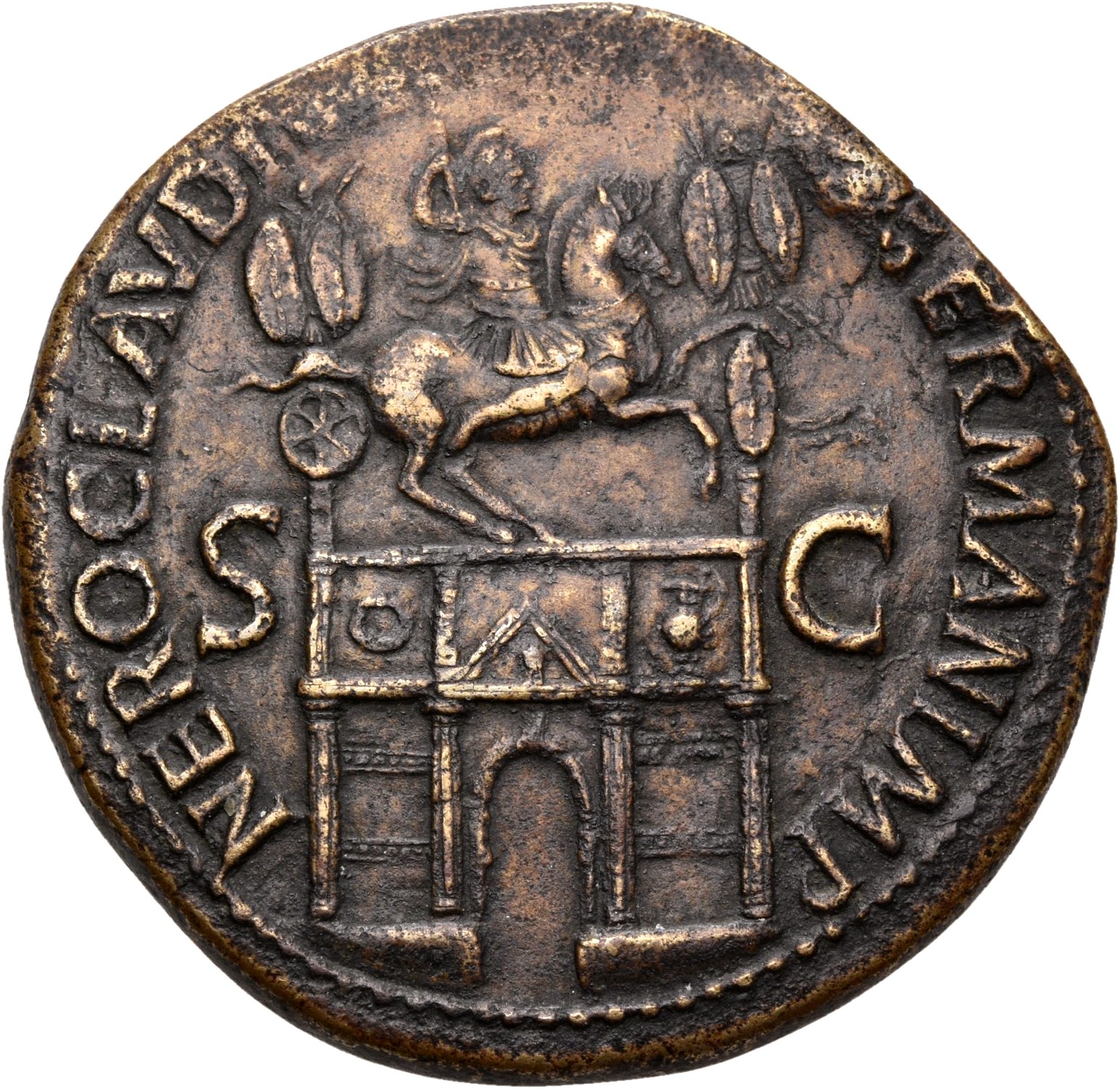 RIC I (second edition) Claudius 98 Claudius reverse — Triumphal arch surmounted by an equestrian statue, right, between tw...