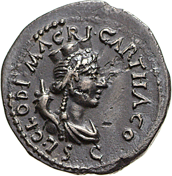 RIC I (second edition) Clodius Macer 28 Clodius Macer obverse, Bust of Carthago, turreted and draped, right; behind. Cornu...