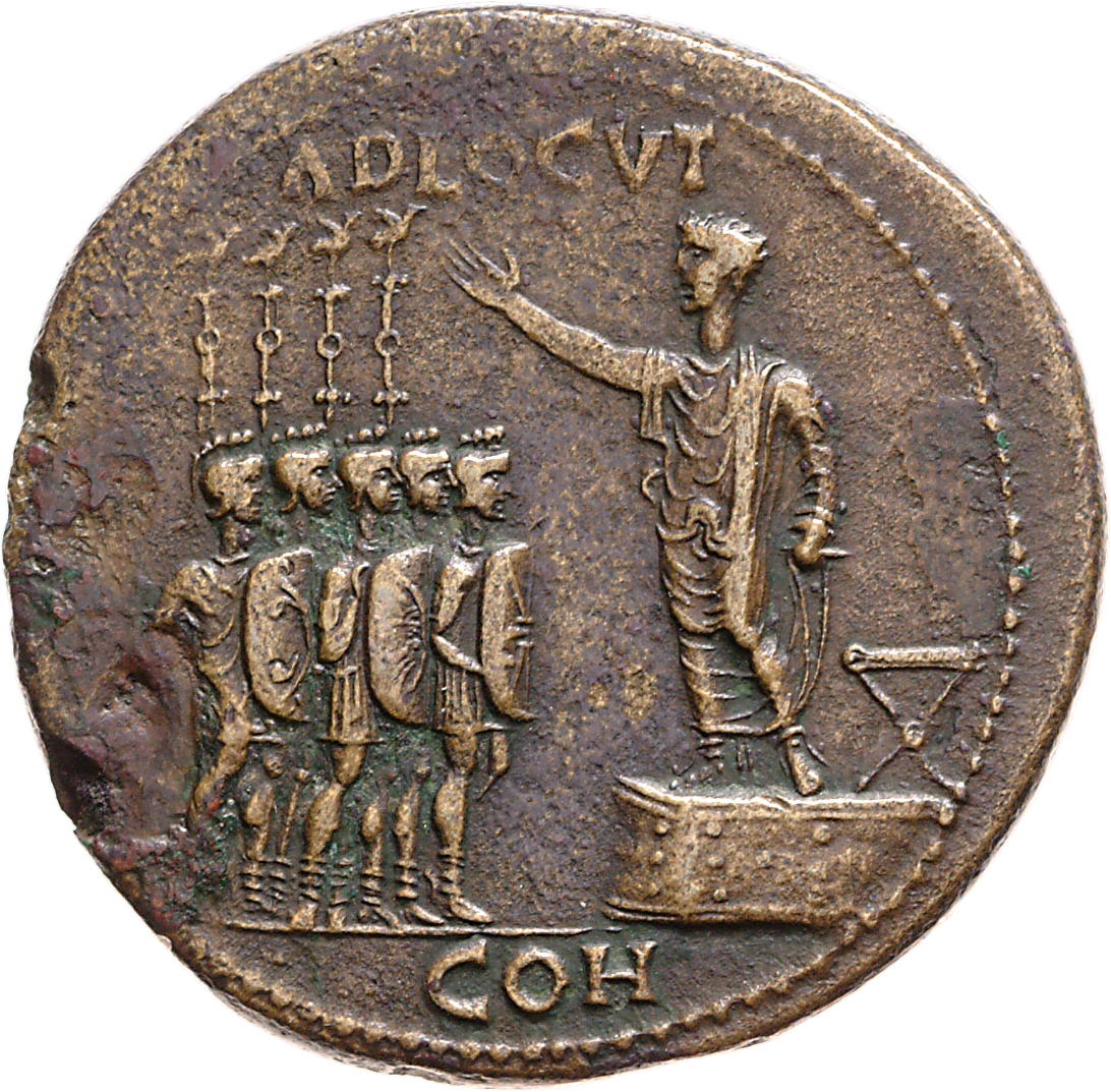 RIC I (second edition) Gaius/Caligula 32 Gaius reverse, Caligula, bare-headed and togate, standing, left, on low platform ...
