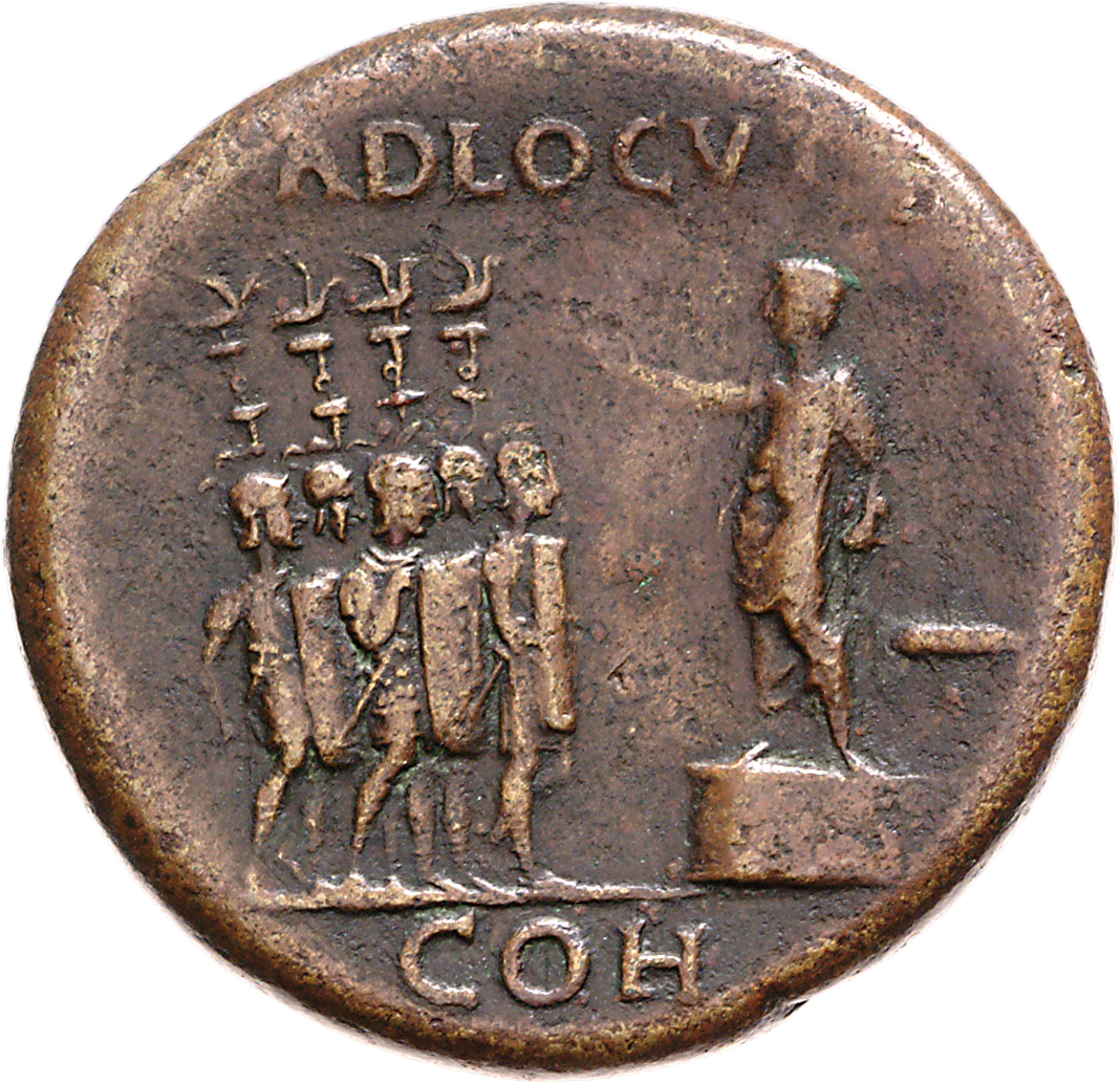 RIC I (second edition) Gaius/Caligula 32 Gaius reverse — Caligula, bare-headed and togate, standing, left, on low platform...