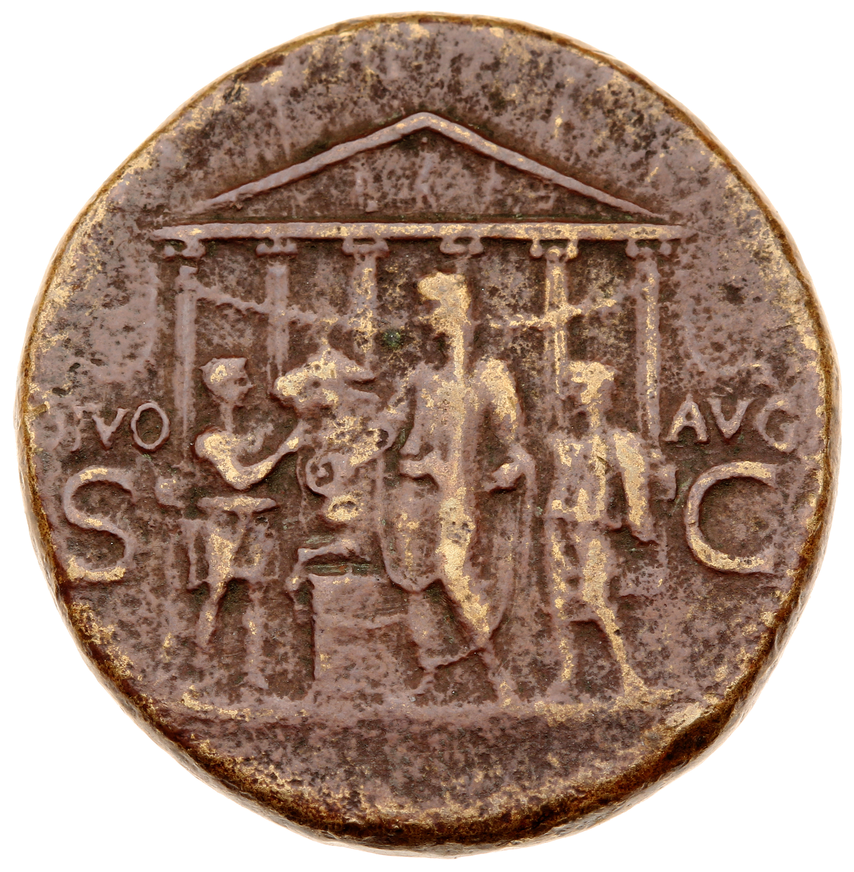 RIC I (second edition) Gaius/Caligula 36 Gaius reverse, Front view of hexastyle garlanded temple surmounted by quadriga. I...