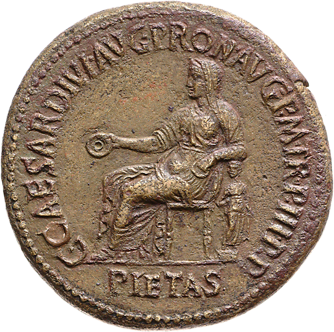 RIC I (second edition) Gaius/Caligula 44 Gaius obverse — Pietas, veiled, draped, seated left, holding patera in right hand...