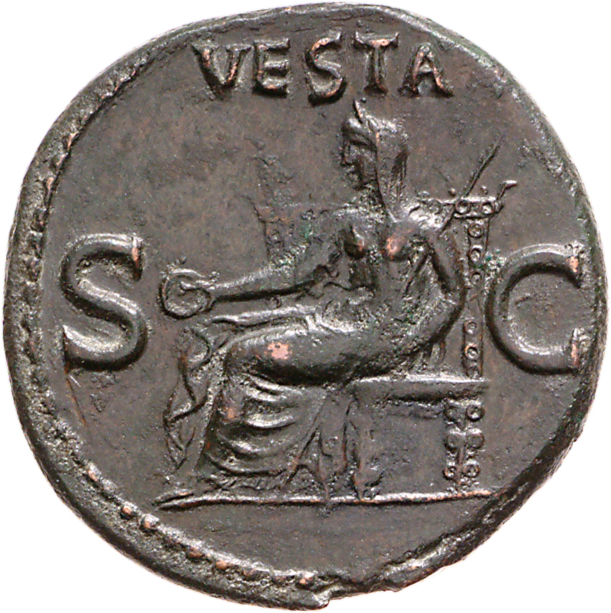 RIC I (second edition) Gaius/Caligula 47 Gaius reverse, Vesta, veiled and draped, seated left, on throne with ornamented b...