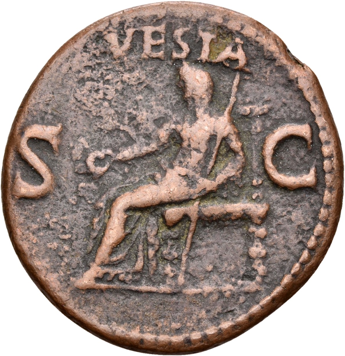RIC I (second edition) Gaius/Caligula 47 Gaius reverse — Vesta, veiled and draped, seated left, on throne with ornamented ...