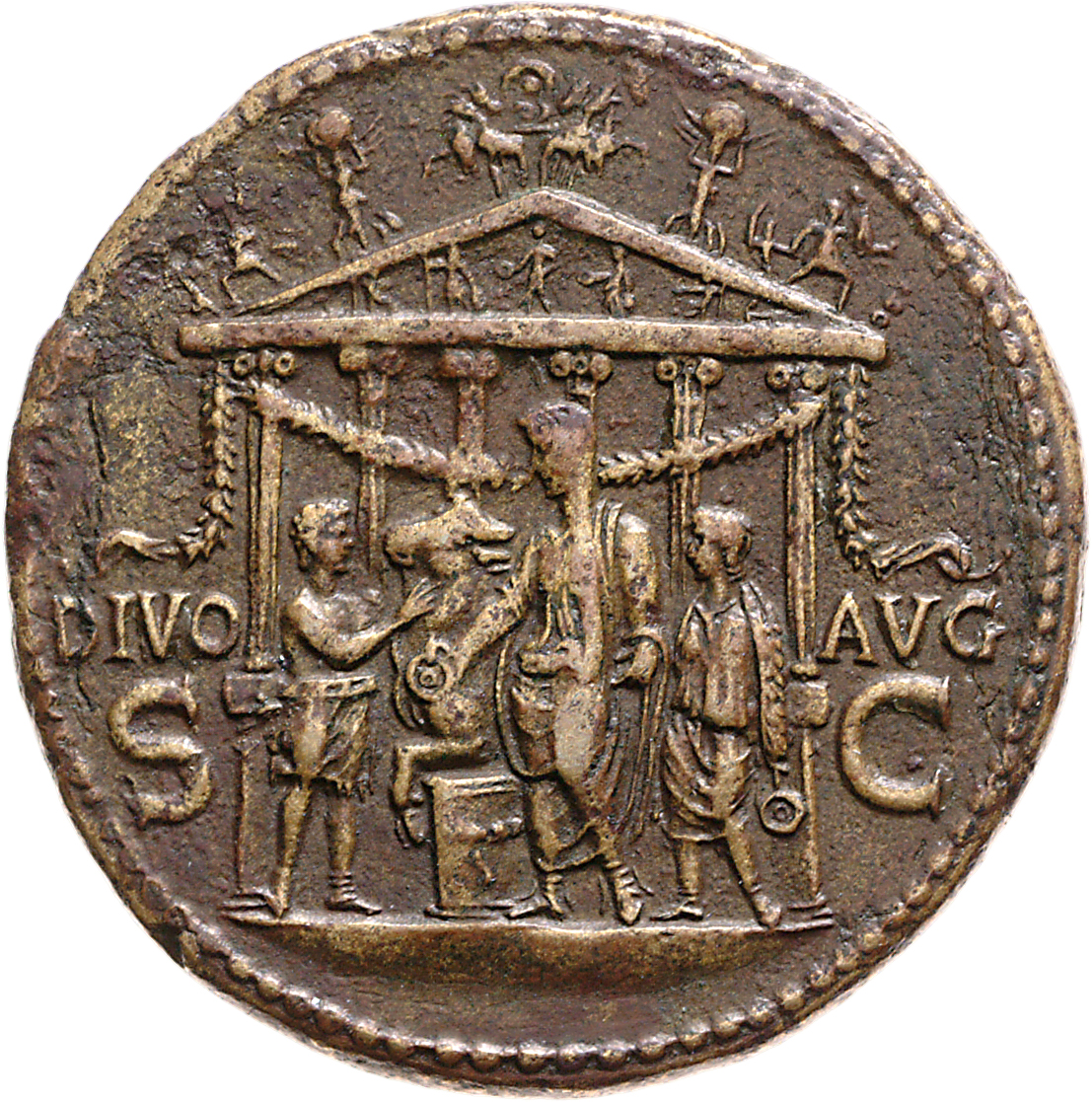 RIC I (second edition) Gaius/Caligula 51 Gaius reverse, Front view of hexastyle garlanded temple surmounted by quadriga. I...