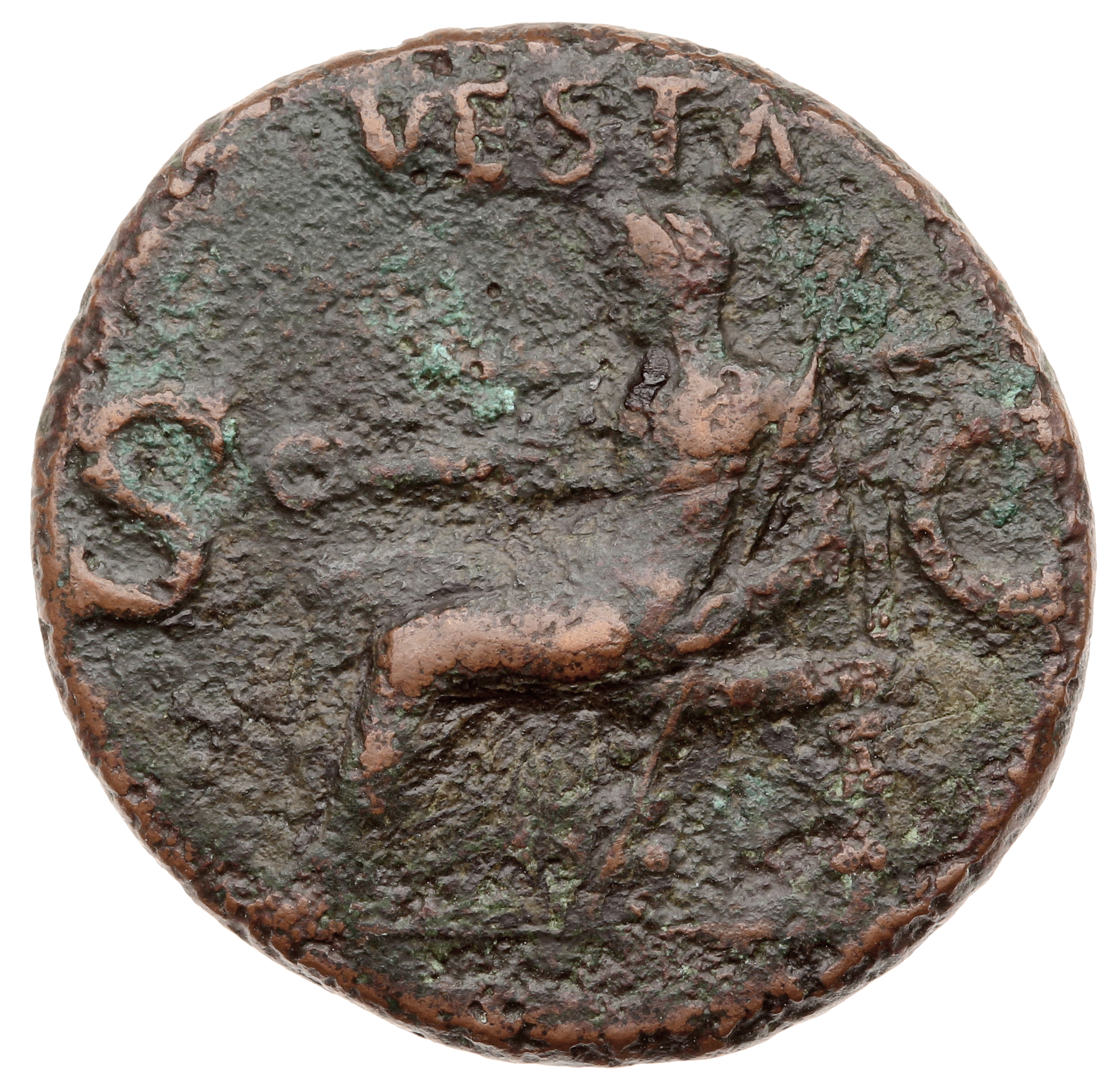 RIC I (second edition) Gaius/Caligula 54 Gaius reverse — Vesta, veiled and draped, seated left, on throne with ornamented ...
