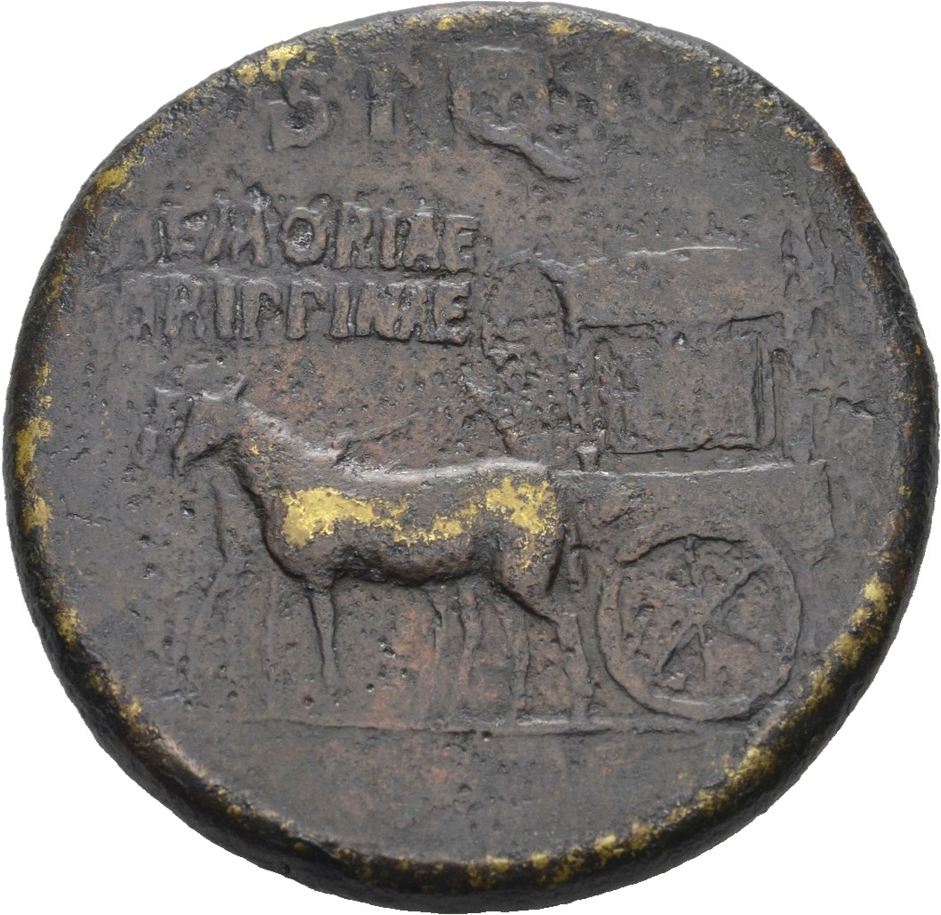 RIC I (second edition) Gaius/Caligula 55 Gaius reverse — Carpentum, with ornamented cover and sides, drawn right by two mules