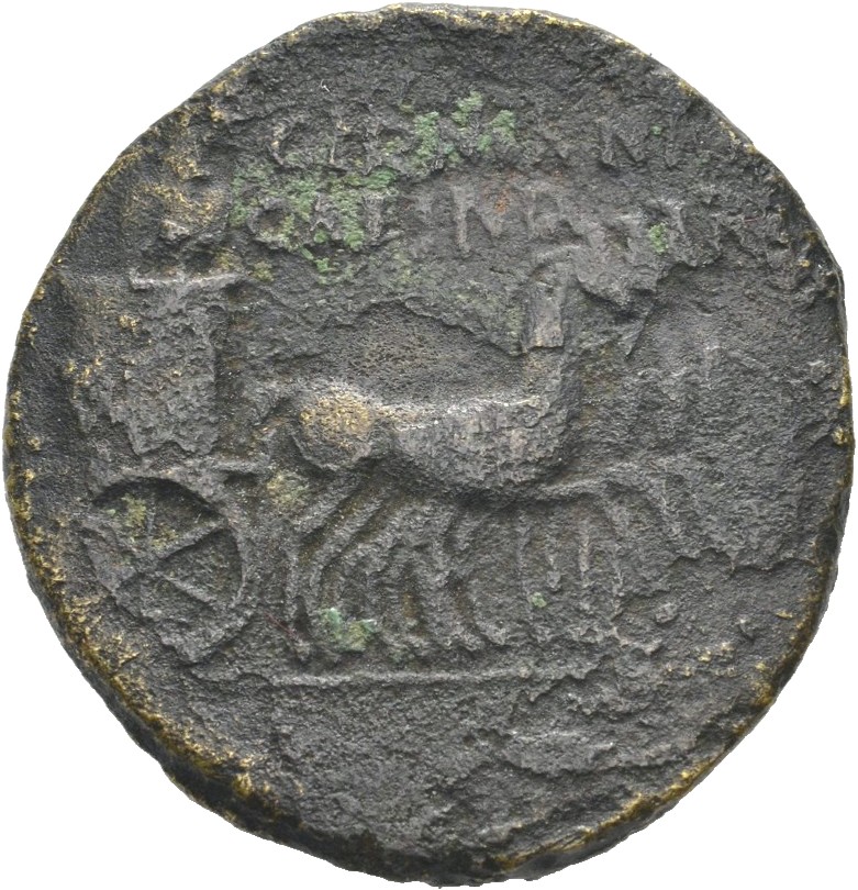 RIC I (second edition) Gaius/Caligula 57 Gaius obverse — Germanicus, bare-headed and cloaked, standing in quadriga, right,...