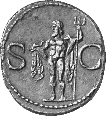 RIC I (second edition) Gaius/Caligula 58 Gaius reverse, Neptune, cloaked, standing left, holding dolphin in right hand and...