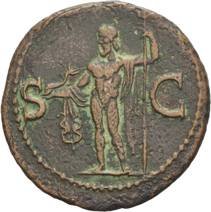 RIC I (second edition) Gaius/Caligula 58 Gaius reverse — Neptune, cloaked, standing left, holding dolphin in right hand an...