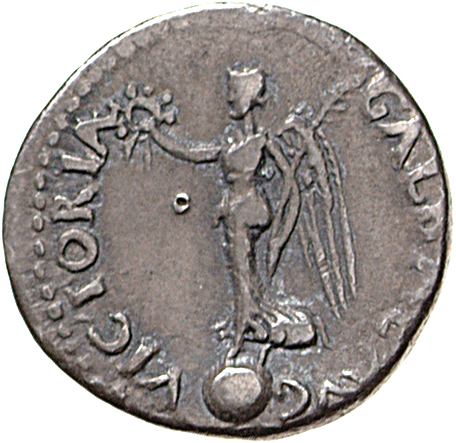 RIC I (second edition) Galba 131 Galba reverse, Victory, draped, standing right on globe, holding wreath in right hand and...