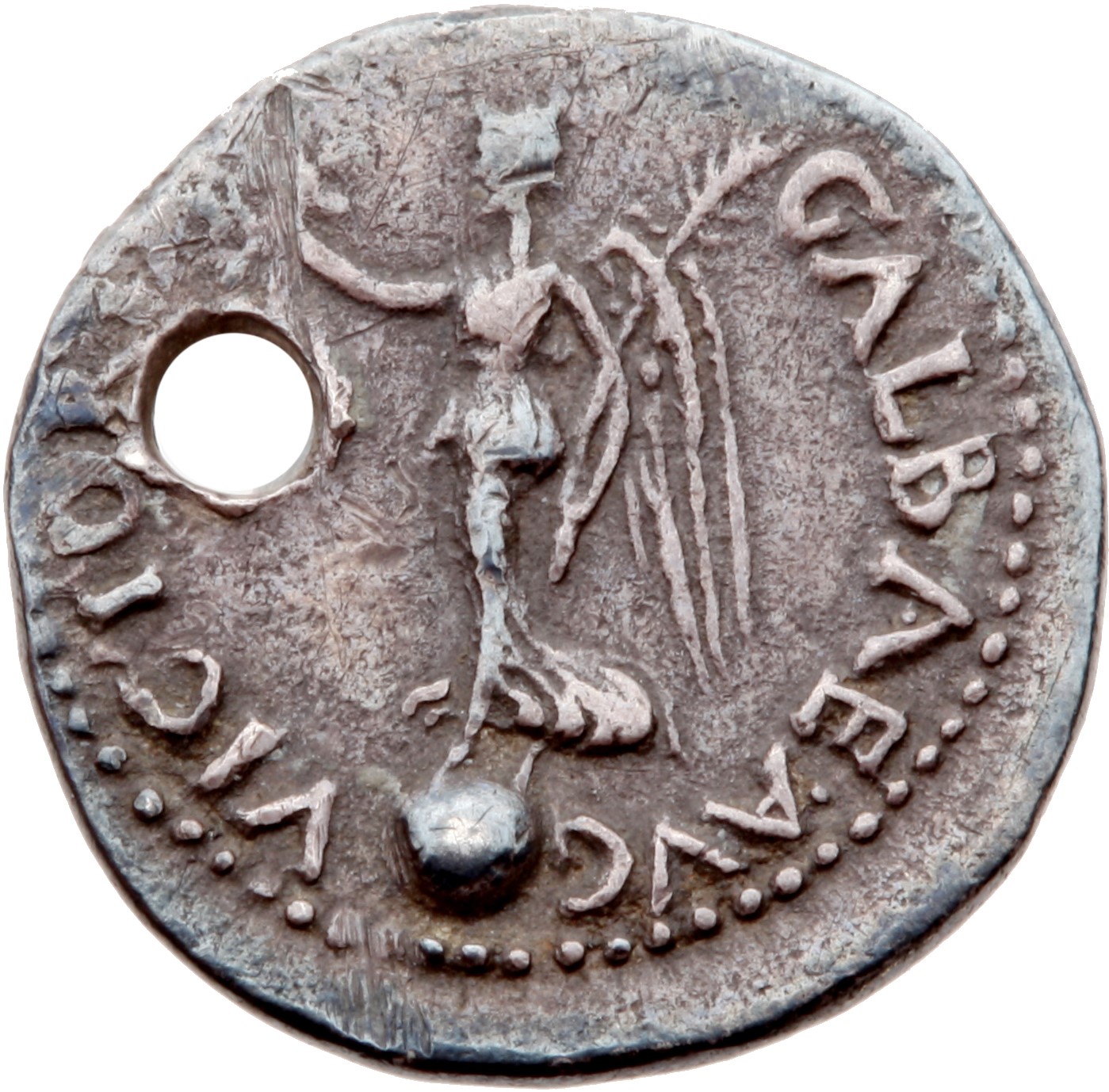 RIC I (second edition) Galba 131 Galba reverse — Victory, draped, standing right on globe, holding wreath in right hand an...