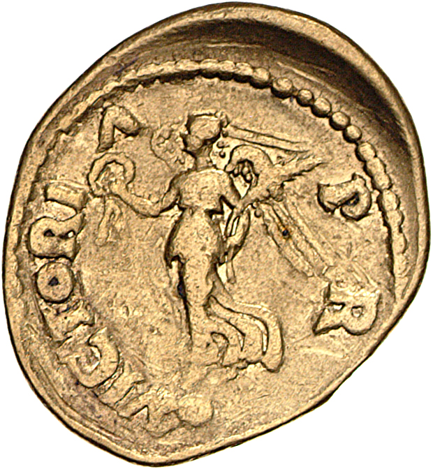 RIC I (second edition) Galba 216 Galba reverse, Victory, draped, standing left on globe, holding wreath in right hand and ...