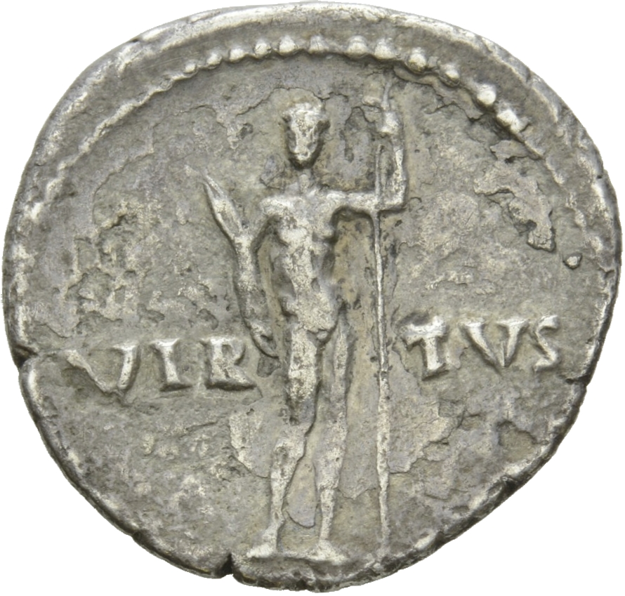 RIC I (second edition) Galba 219 Galba reverse, Virtus, standing front, holding parazonium with right hand and leaning lef...
