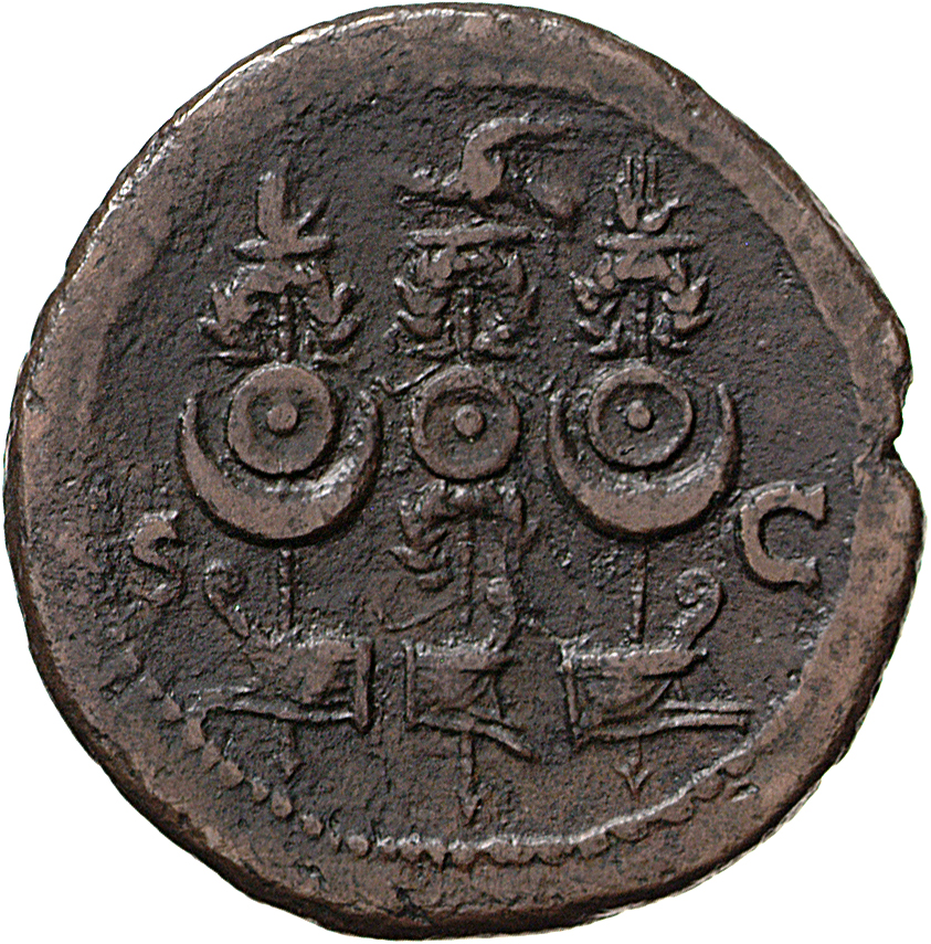 RIC I (second edition) Galba 304 Galba reverse — Aquila on prow between two standards on prows; all three prows have wreaths