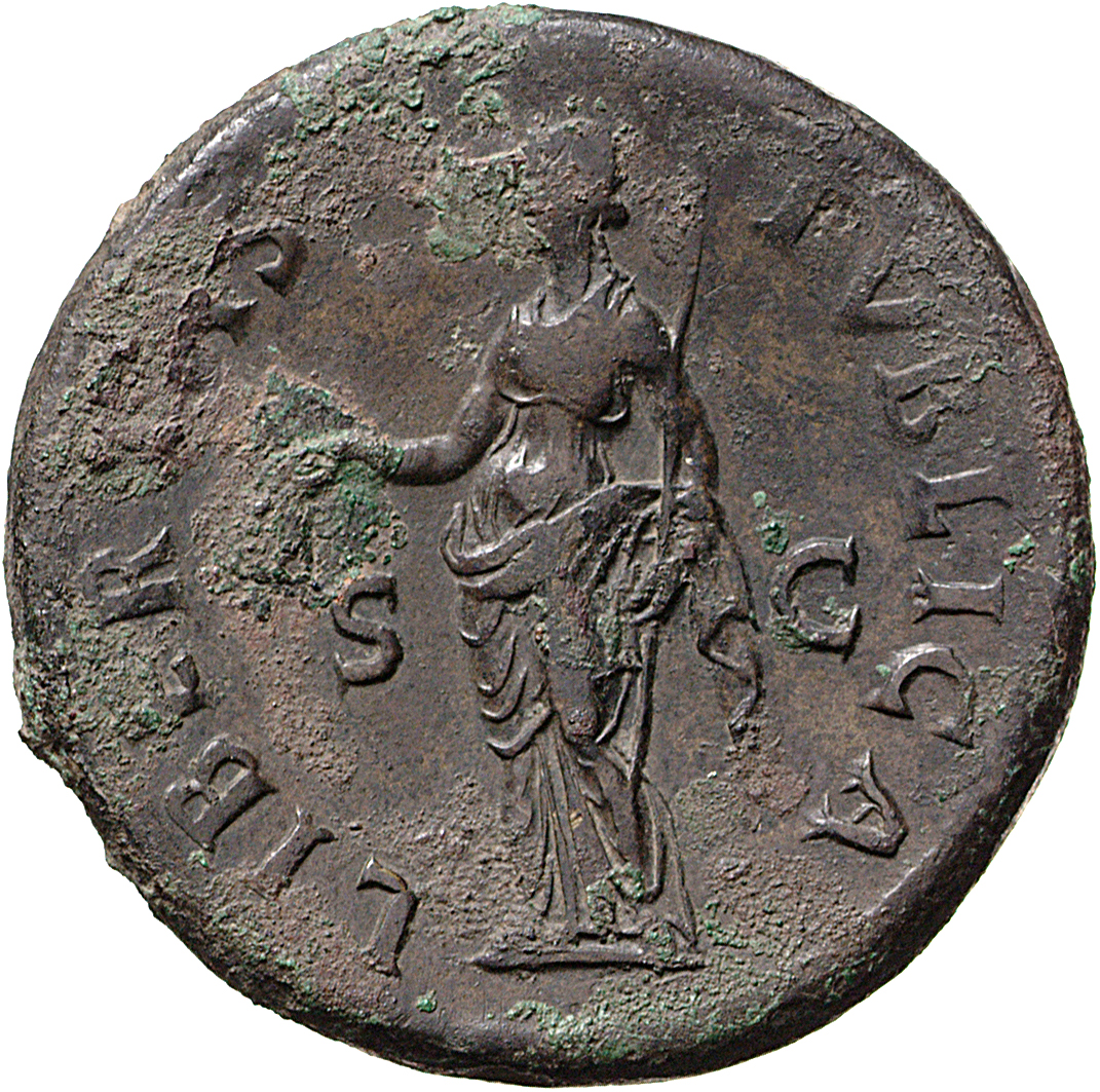 RIC I (second edition) Galba 387 Galba reverse, Libertas, draped, standing left, holding pileus in right and rod in left