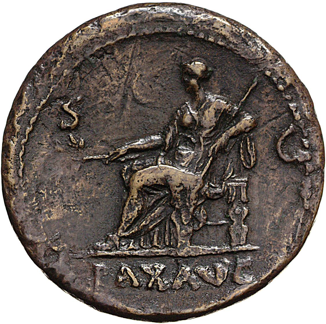RIC I (second edition) Galba 444 Galba reverse, Pax, draped, seated left on chair with low back, holding olive branch in r...