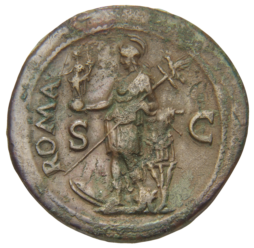 RIC I (second edition) Galba 451 Galba reverse, Roma, helmeted, in military dress, standing left, holding Victory on globe...