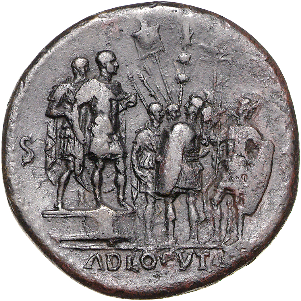RIC I (second edition) Galba 462 Galba reverse, Galba, in military dress, standing right on platform with officer; two sol...
