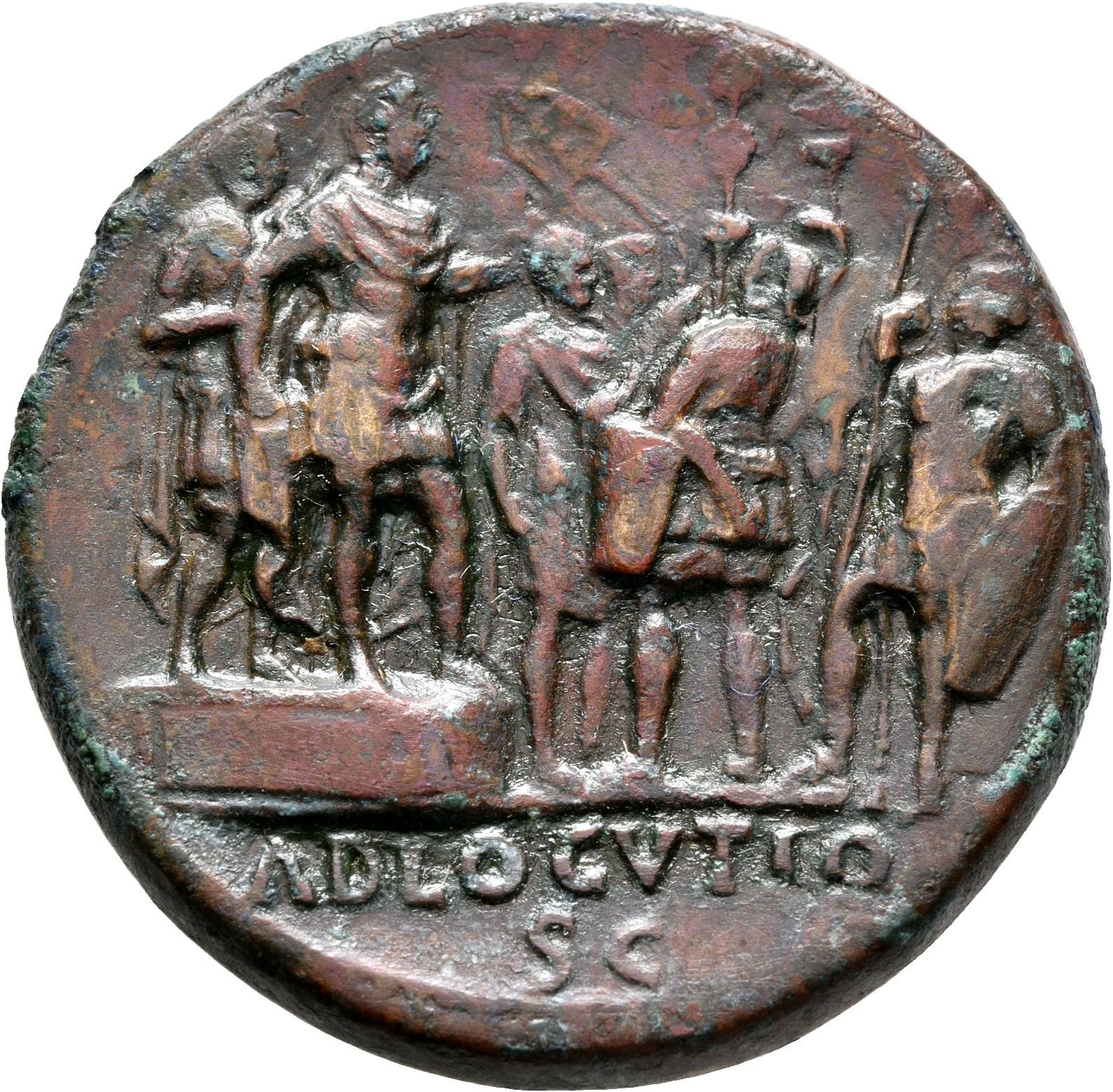 RIC I (second edition) Galba 466 Galba reverse, Galba, in military dress, standing right on platform with officer; two sol...