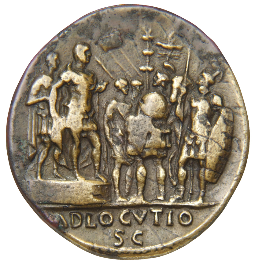 RIC I (second edition) Galba 467 Galba reverse, Galba, in military dress, standing right on platform with officer; two sol...