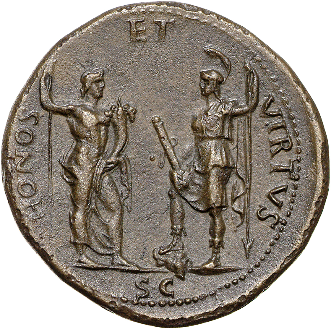 RIC I (second edition) Galba 475 Galba reverse, Honos, bare to waist, standing right, holding sceptre in right hand and co...