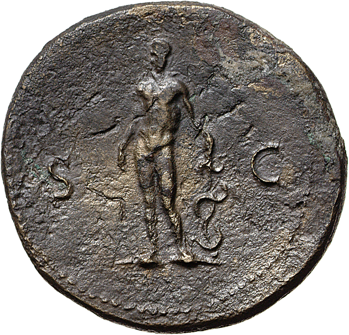 RIC I (second edition) Galba 488 Galba reverse, Asclepius, nude, standing front, head left, leaning on small staff with se...