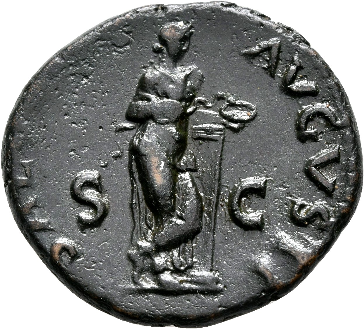 RIC I (second edition) Galba 500 Galba reverse, Salus, draped, standing right, leaning on column and feeding snake