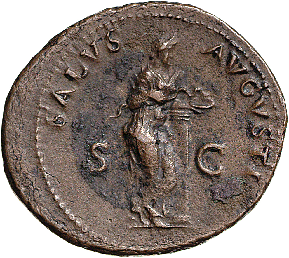 RIC I (second edition) Galba 501 Galba reverse, Salus, draped, standing right, leaning on column and feeding snake