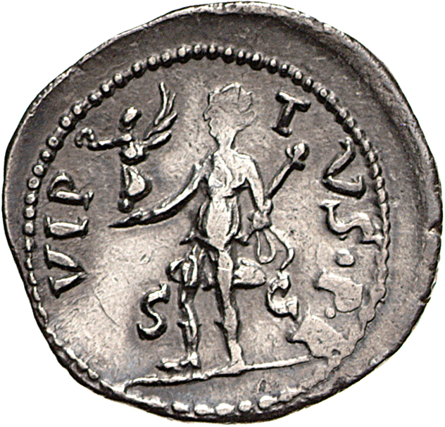 RIC I (second edition) Galba 521 Galba reverse, Virtus, helmeted, in military dress, standing left, holding Victory on glo...