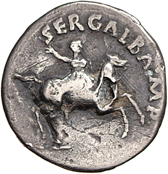 RIC I (second edition) Galba 86 Galba obverse — Galba, in military dress, riding right, levelling javelin with right hand