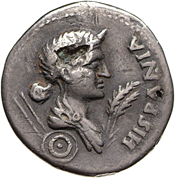 RIC I (second edition) Galba 86 Galba reverse — Bust of Hispania, draped, right; hair knotted behind; two javelins behind;...