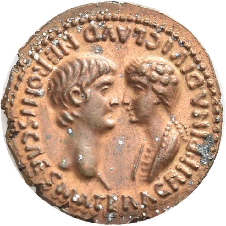 RIC I (second edition) Nero 1 Nero obverse — Bust of Nero, bare-headed, right, bust of Agrippina the Younger, draped, hair...