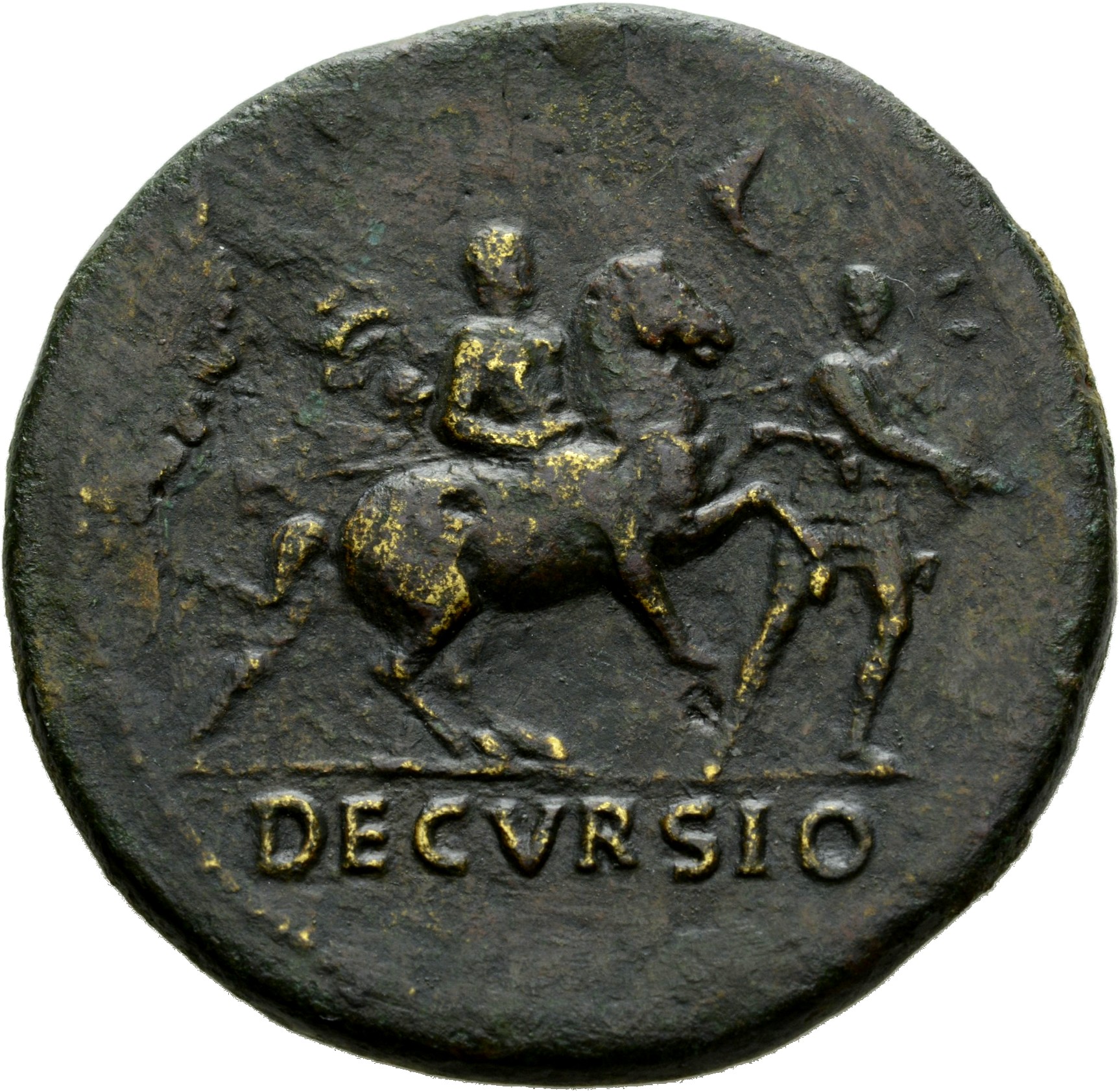 RIC I (second edition) Nero 107 Nero reverse, Nero, bare-headed, cuirassed, cloak flying behind, prancing right on horseba...