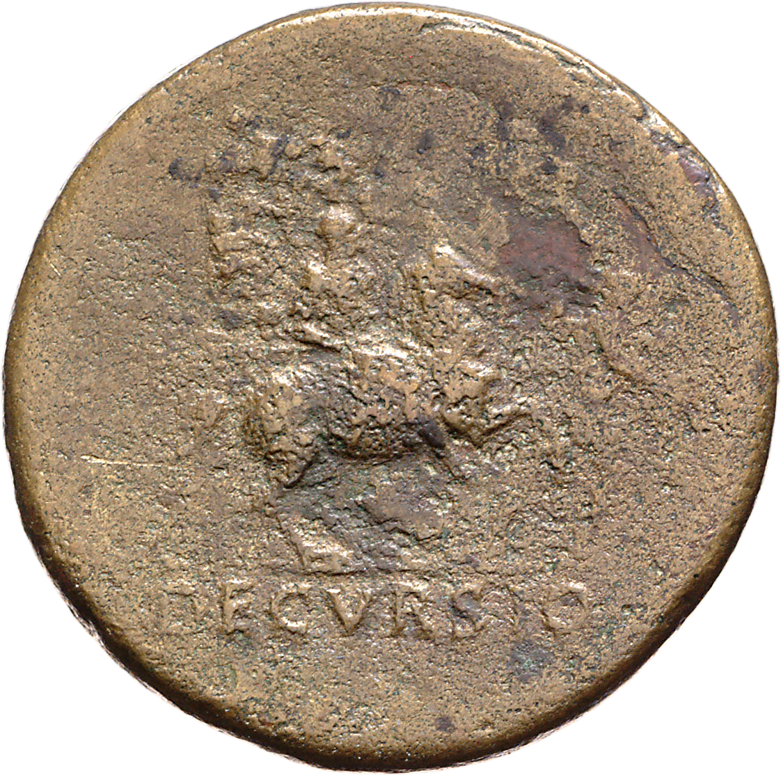 RIC I (second edition) Nero 108 Nero reverse, Nero, bare-headed, cuirassed, cloak flying behind, prancing right on horseba...