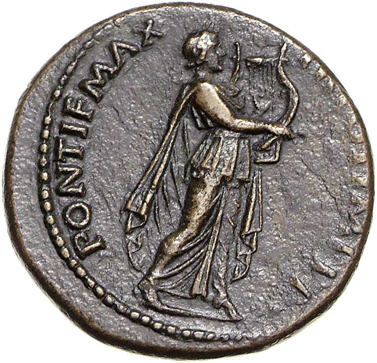 RIC I (second edition) Nero 122 Nero reverse, Nero as Apollo Citharoedus, laureate, advancing right, playing lyre