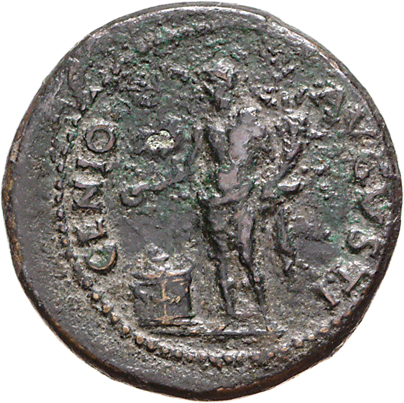 RIC I (second edition) Nero 124 Nero reverse, Genius Populi Romani standing left, holding patera over flaming altar in rig...