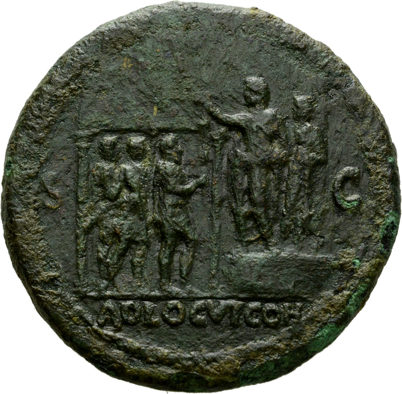 RIC I (second edition) Nero 130 Nero reverse, Nero, bare-headed and togate, standing left, with praetorian prefect on plat...