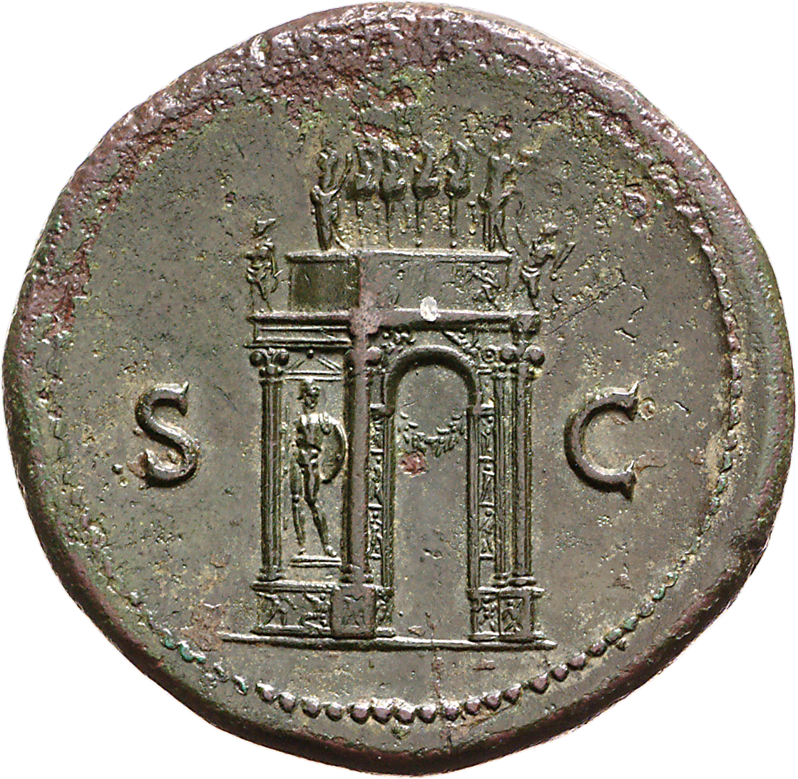 RIC I (second edition) Nero 144 Nero reverse — View of triumphal arch, showing front and left hand side; above, the Empero...