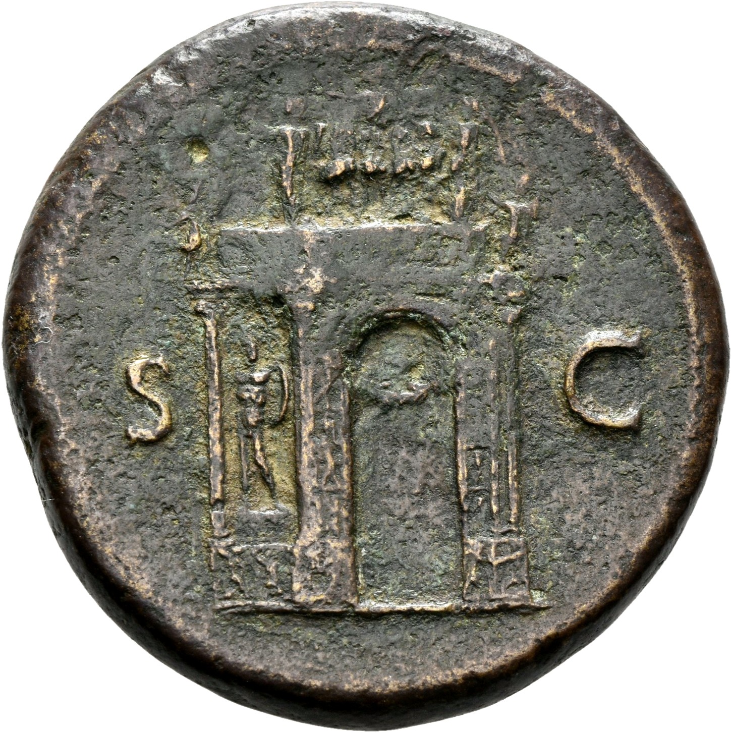 RIC I (second edition) Nero 147 Nero reverse — View of triumphal arch, showing front and left hand side; above, the Empero...