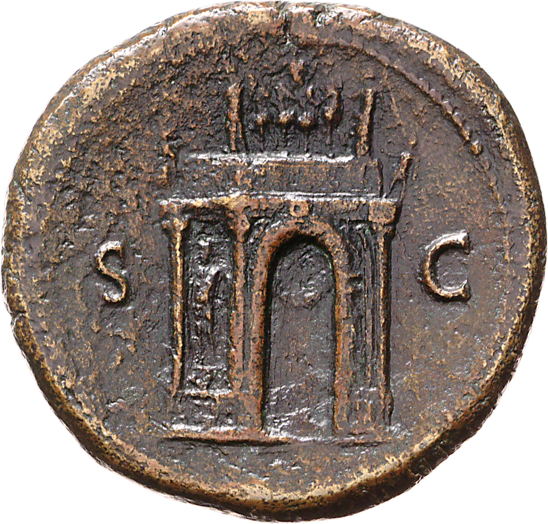 RIC I (second edition) Nero 148 Nero reverse, View of triumphal arch, showing front and left hand side; above, the Emperor...
