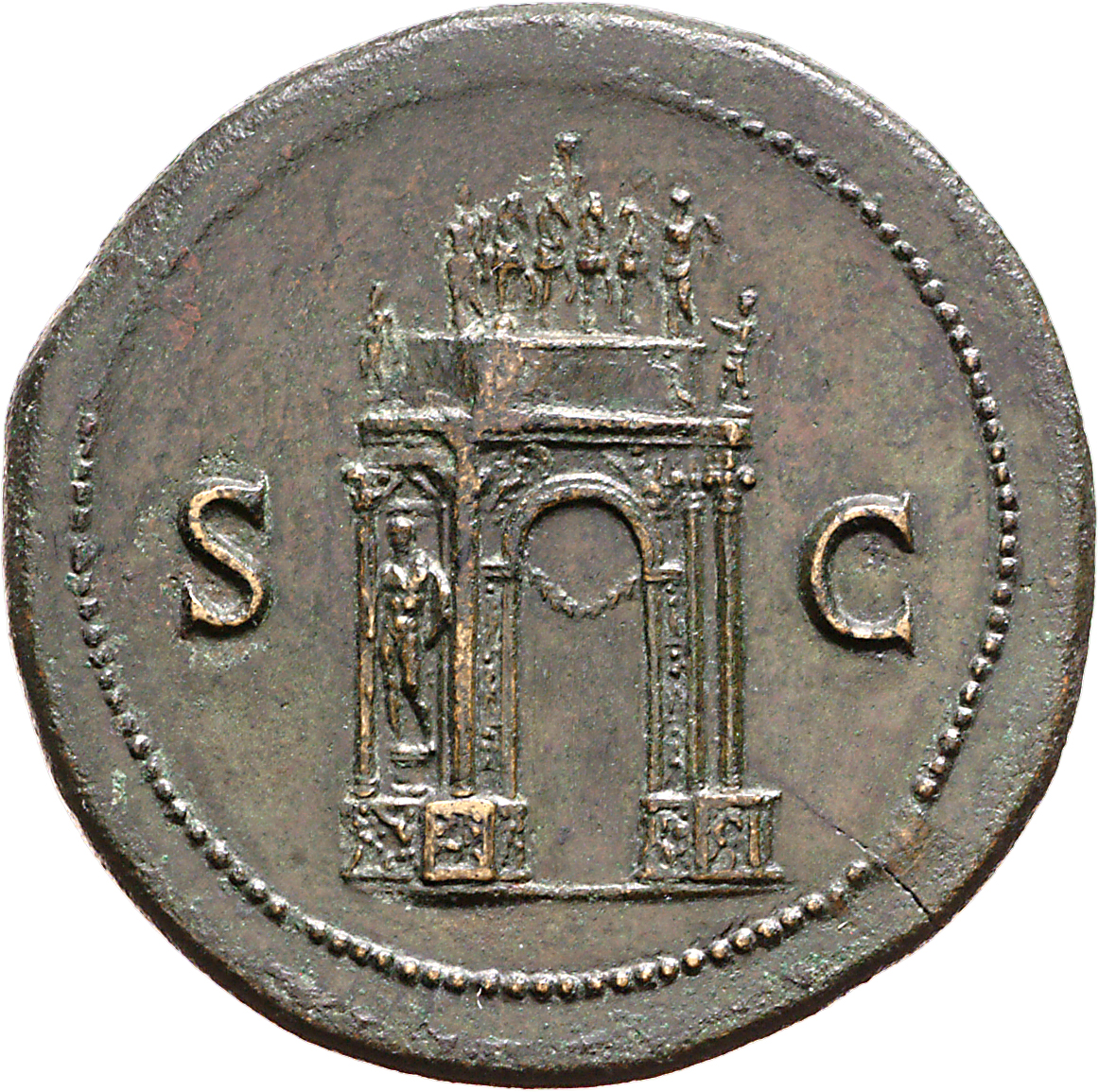RIC I (second edition) Nero 149 Nero reverse, View of triumphal arch, showing front and left hand side; above, the Emperor...