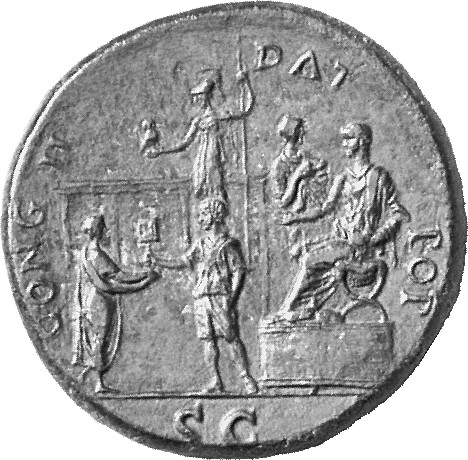 RIC I (second edition) Nero 159 Nero reverse, Nero, bare-headed and togate, seated right, on platform, right; praefectus a...
