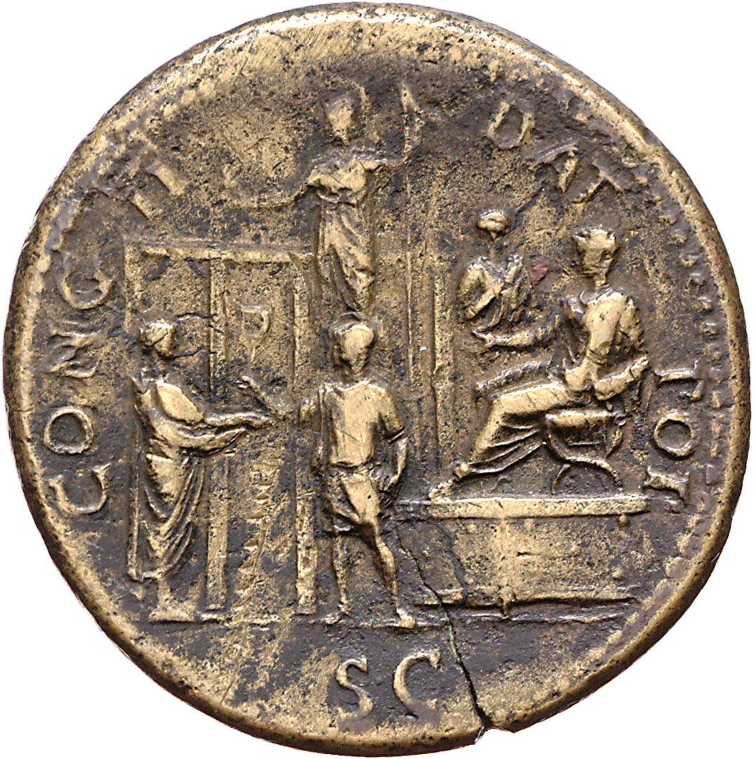 RIC I (second edition) Nero 160 Nero reverse, Nero, bare-headed and togate, seated right, on platform, right; praefectus a...
