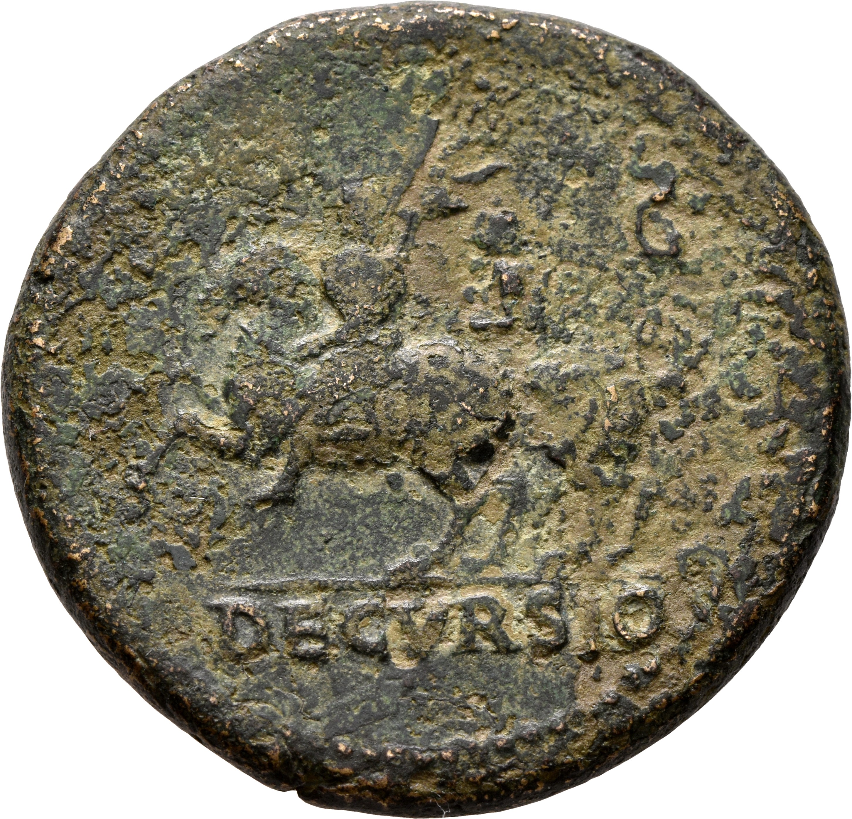 RIC I (second edition) Nero 163 Nero reverse, Nero, bare-headed, cuirassed, cloak flying behind, prancing left on horsebac...