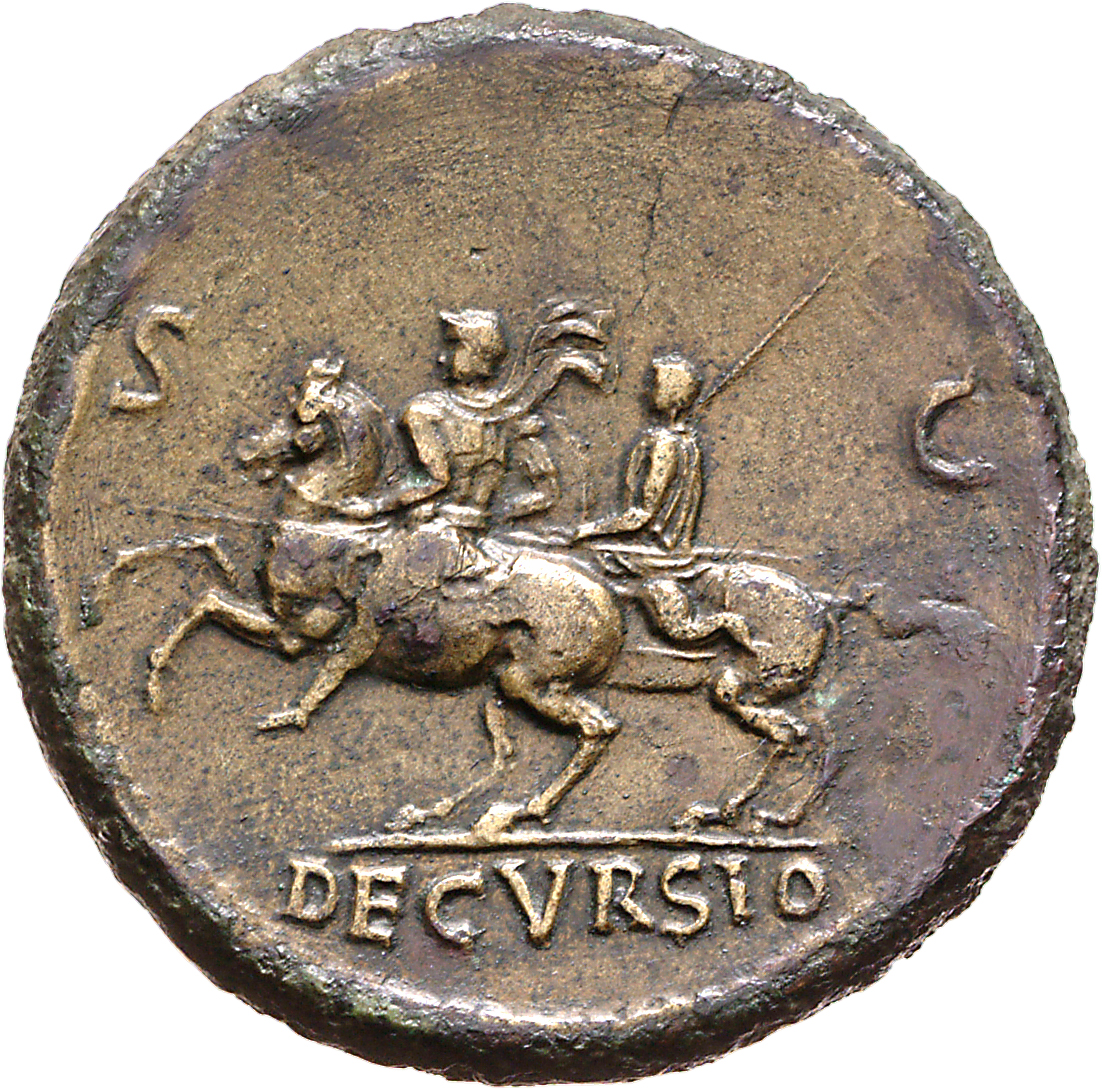 RIC I (second edition) Nero 165 Nero reverse, Nero, bare-headed, cuirassed, cloak flying behind, prancing left on horsebac...